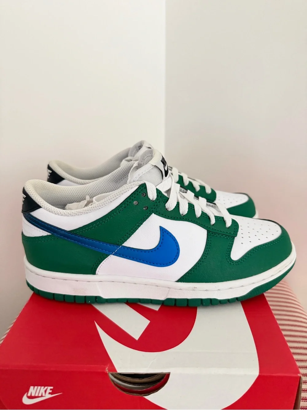 Nike Kids Low-Top Sneakers — White, Green & Red with Blue Swoosh